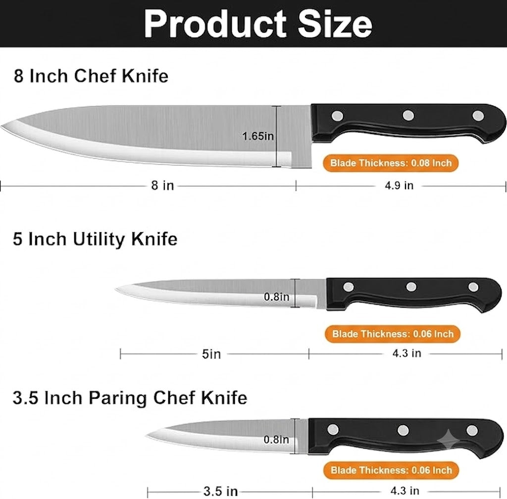 Kitchen Knife, 3-Pcs Knife Set, 8 Inch Chef Knife, 5 Inch Utility Knife, 3.5 Inch Paring Knife, Ultra Sharp Chef's Knives in High Carbon Stainless Steel, Ideal for Cooking, Chopping, Slicing and BBQ