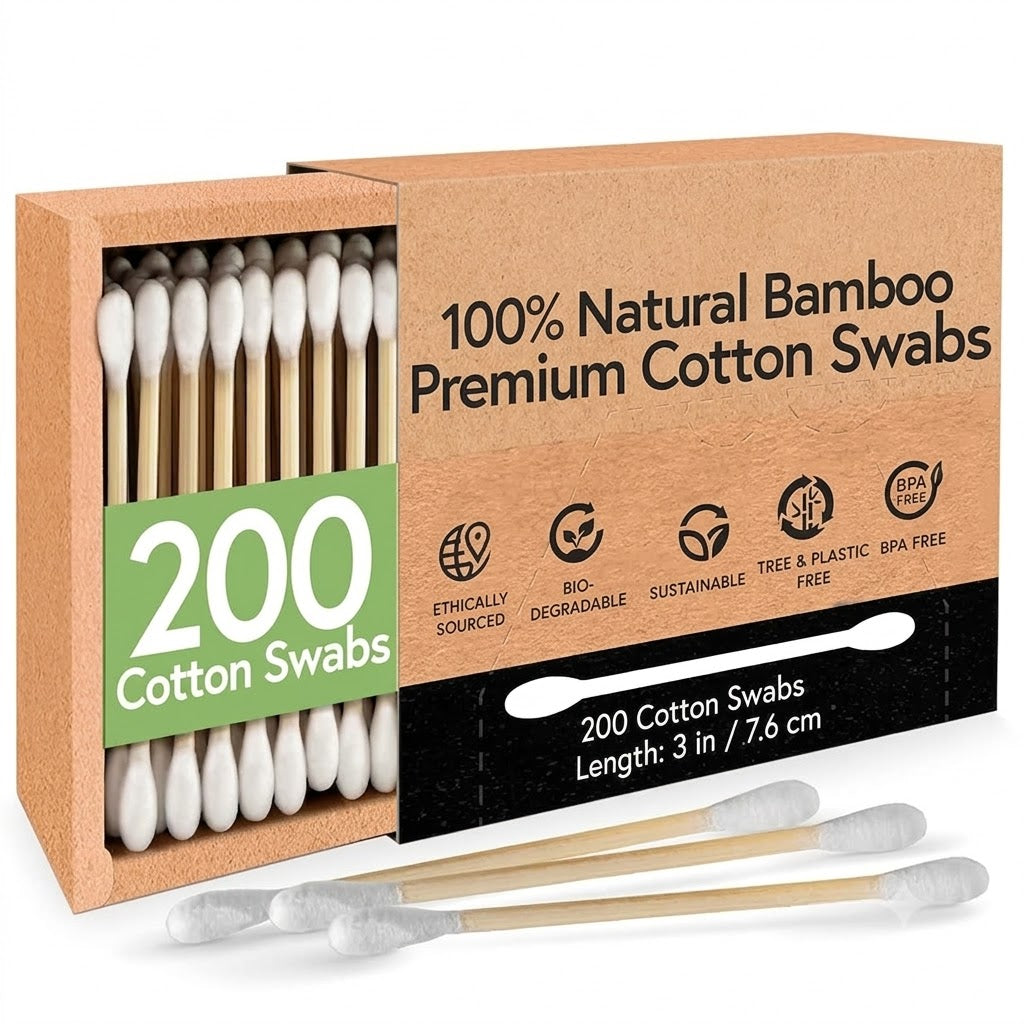 100% Bamboo Cotton Ear Swabs (200-Pack) | Double Tipped Ear Cotton Buds for Beauty & Personal Care | FSC Certified & Hypoallergenic | Suitable for All Ages & Pets | Biodegradable & Disposable