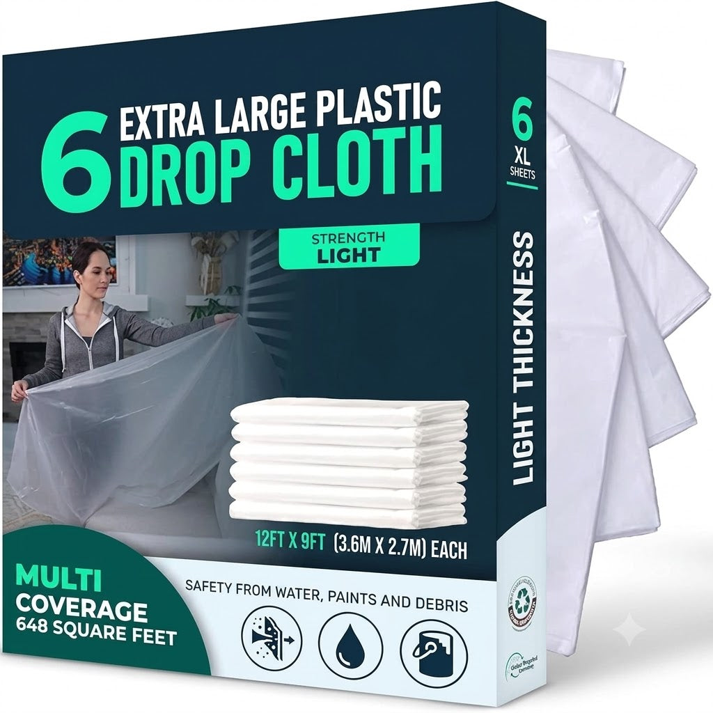 6 Pack 12x9 ft Extra Large Plastic Drop Cloth for Painting, Furniture Covers, Painters Plastic Cover, Clear Paint Tarp, Floor Protector, Disposable Paint Drop Cloth, 55% Recycled