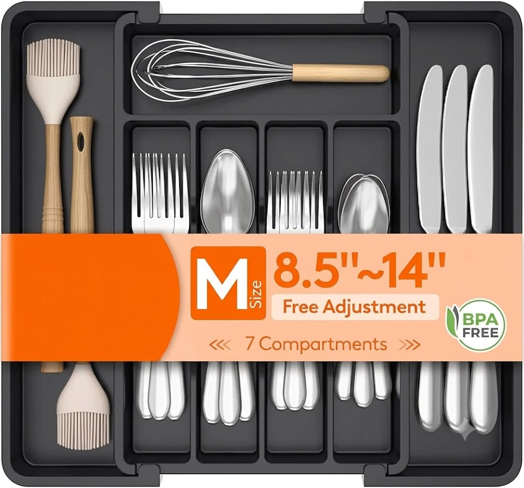 Expandable Silverware Organizer, Plastic Utensil Tray for Kitchen Drawer, BPA Free Flatware Cutlery Holder, Space-Saving Storage for Spoons Forks Knives, 8.5-14 x 12 x 1.5 inch, Black