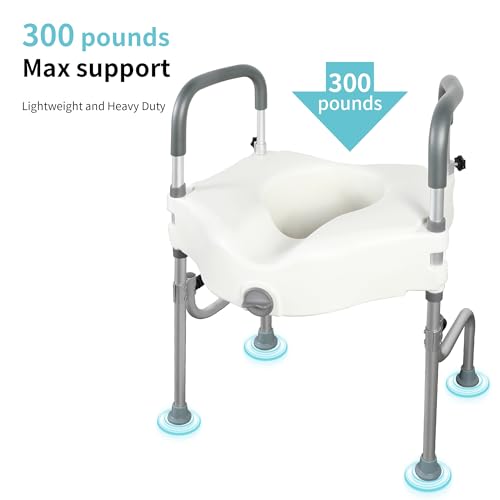 Lock Raised Toilet Seat with Handles, 5 Inch Toilet Seat Riser Heavy Duty with Adjustable Arms and Legs Fits Most Toilets, Elevated Toilet Seat 300 LBS(Regular, Grey+White)