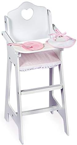 Badger Basket Wooden Doll High Chair with Feeding Tray, Bib, Personalization Kit, and Accessories - Fits 18-Inch Dolls, White with Pink Gingham Seat for Pretend Play