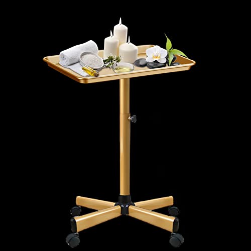 Chetunju Colden Salon Tray, Salon Rolling Tray Cart with Wheels, Tattoo Tray Adjustable Salon Color Tray(Gold)