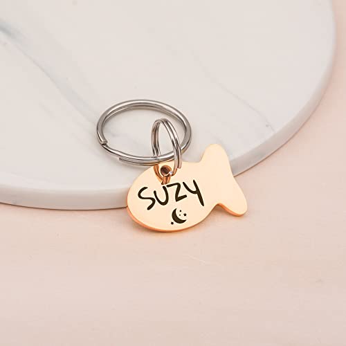 Anavia Cat Head & Fish Shape Pet ID Tags, Personalized Funny Icon Design Cat Name Tag, Customized Gold Plated Glossy Stainless Steel Black Rainbow Cat Dog Collar Tag (Small, Fish Shape, Gold)