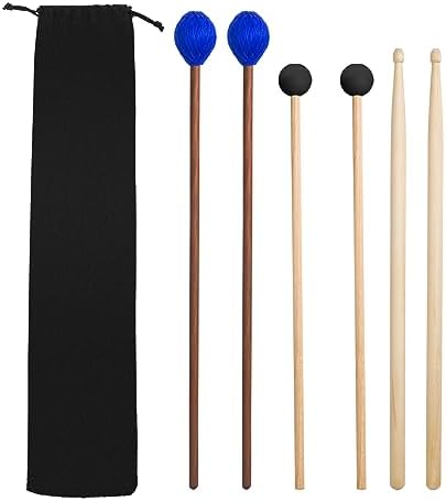 Drum Mallets Kit – 3 Pairs (Rubber, 5A, Marimba) with Drum sticks Bag, Percussion instrument Accessories for Steel Drum, Glockenspiel, Bass Drum, Cymbals, Xylophone Mallets for Beginners