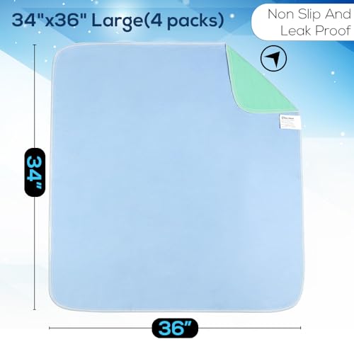 SIMPLI-MAGIC Washable Underpads, 34x 36 (Pack of 4) - Heavy Absorbency Reusable Bedwetting Incontinence Pads for Kids,Adults,Elderly,andPets - Waterproof Protective Pad for Bed,Couch,Sofa,Floor
