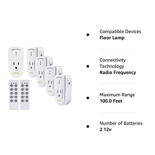 BN-LINK Wireless Remote Control Electrical Outlet Switch for Lights, Fans, Christmas Lights, Small Appliance, Long Range White (Learning Code, 5Rx-2Tx) 1200W/10A