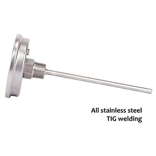 Measureman Fully Stainless Steel Pot, Kettle, Brewing Bimetal Dial Thermometer, 3" Dial, 6" Stem, 0-250 deg F/-20-120 deg C, -1% Accuracy, Adjustable, 1/2" NPT Back Mount
