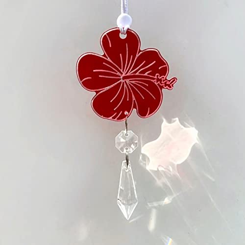 Hibiscus Hawaiian Flower Car Charm, Pink Crystal Suncatcher, Rearview Mirror Car Accessories, Cute Boho Interior Decor, New Car Gift For Her (Flower - Red, Crystal - Purple)