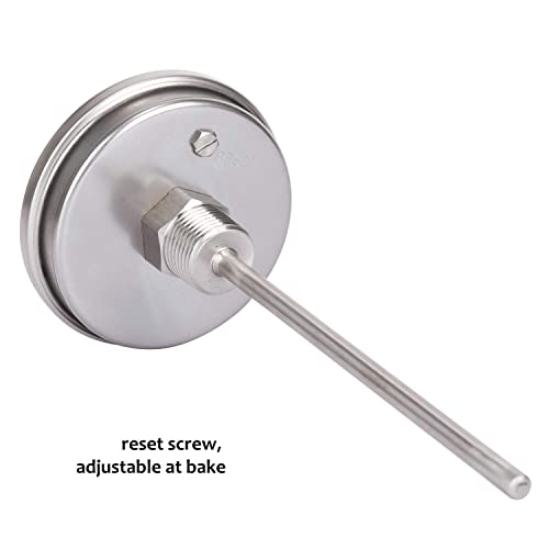 Measureman Fully Stainless Steel Pot, Kettle, Brewing Bimetal Dial Thermometer, 3" Dial, 6" Stem, 0-250 deg F/-20-120 deg C, -1% Accuracy, Adjustable, 1/2" NPT Back Mount