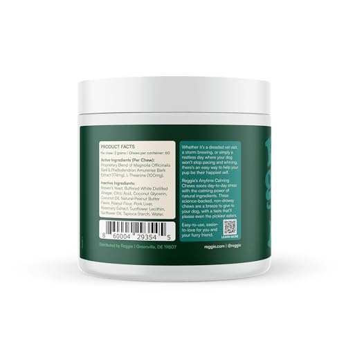 Reggie Anytime Calming Chews for Dogs | Natural Anxiety Relief with L-Theanine & Magnolia Barks | Calming Dog Treats for Separation Anxiety, Thunderstorms, Travel & Stress | 60 Soft Chews