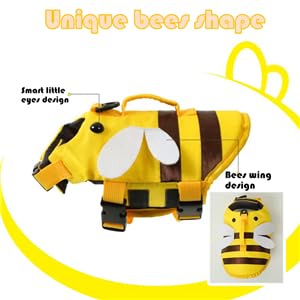 AZA Dog Life Jacket Shark Life Vest with Rescue Handle Cute Bees Costume Girl Adjustable High Buoyancy Swimwear for Small Medium Large Dogs Boy Swimsuit Clothes for Pets (XXS,Bees)