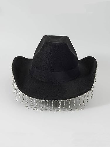 QWINEE Western Cowboy Hat Cowboy Hat with Rhinestone Tassel Decor Halloween Cow Fedora Hat Costume Accessories for Women Men Black one-size