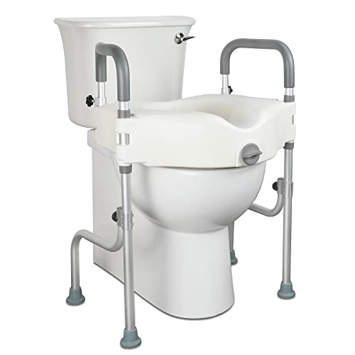 Lock Raised Toilet Seat with Handles, 5 Inch Toilet Seat Riser Heavy Duty with Adjustable Arms and Legs Fits Most Toilets, Elevated Toilet Seat 300 LBS(Regular, Grey+White)