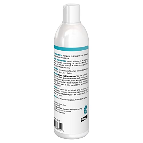 Elanco Relief Shampoo, temporary relief of itching and flaking, moisturizer for dry skin and coat, for dogs, cats and horses, 12 oz