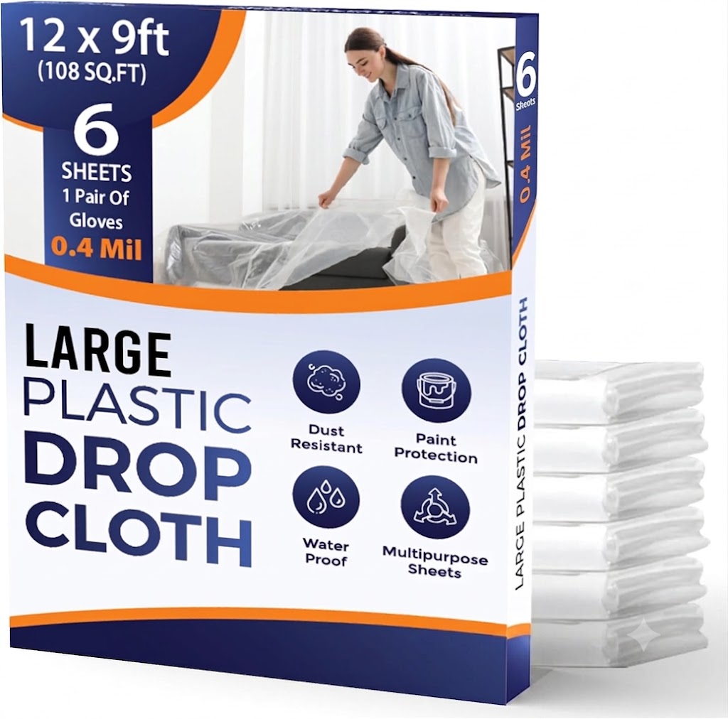 6 Pack 12 x 9 ft Extra Large Plastic Drop Cloth for Painting - Light & Durable Tarp Cover for Furniture - Plastic Clear Tarp Waterproof - Paint Floor Covering - Painters Drop Cloth Sheeting