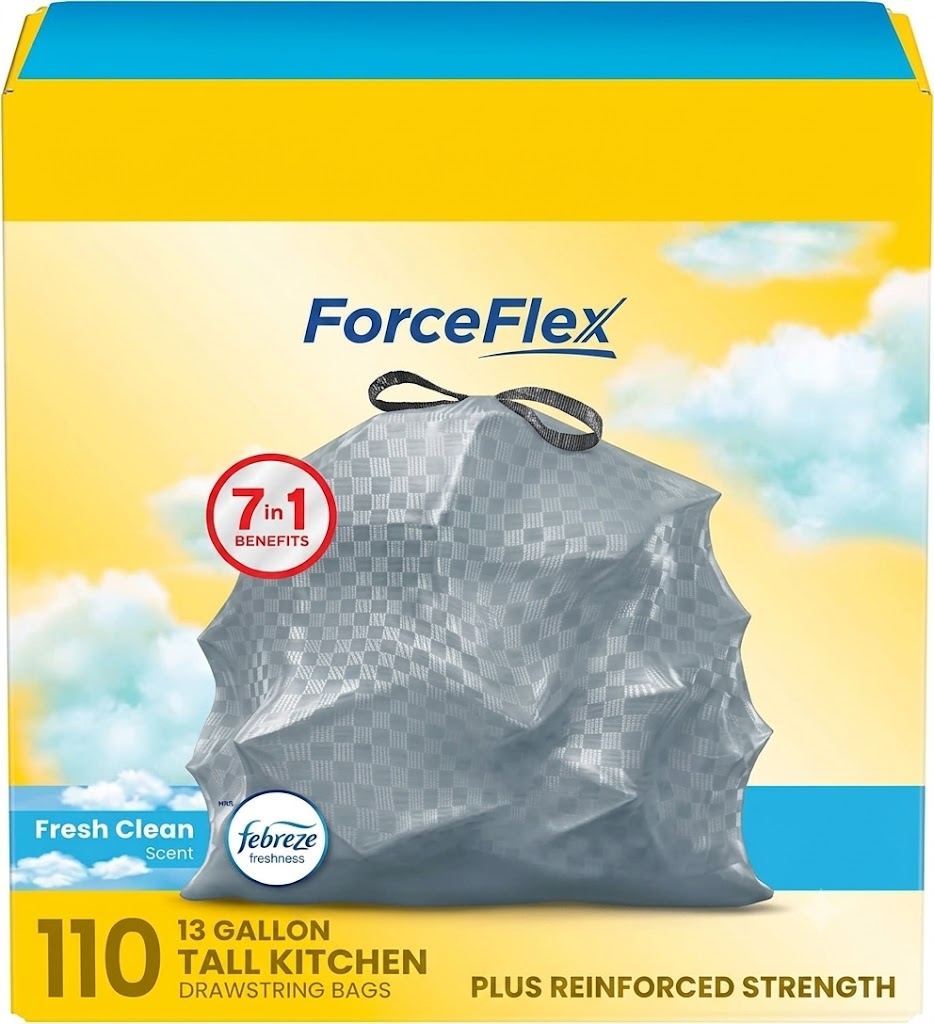 Tall Kitchen Drawstring Trash Bags - Odorshield 13 Gallon White Trash Bag, Febreze Fresh Clean, 110 Count