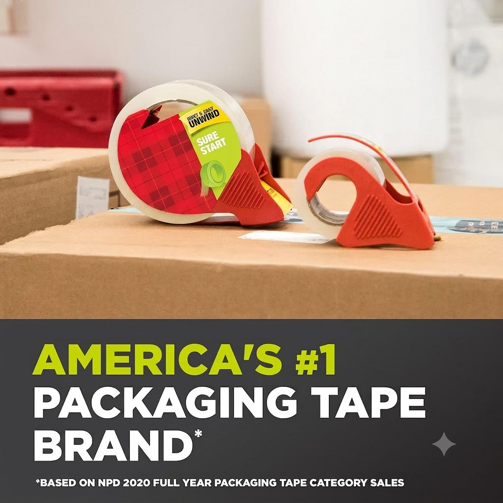 Sure Start Packing Tape, Clear, Quiet Unwind and Easy Start, 1.88 in. x 22.2 yd., 6 Tape Rolls with Dispensers