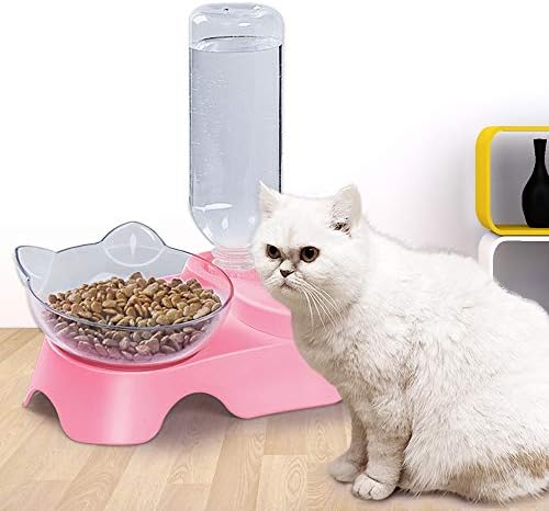 MILIFUN Double Dog Cat Bowls - Pets Water and Food Bowl Set, 15°Tilted Water and Food Bowl Set with Automatic Waterer Bottle for Small or Medium Size Dogs Cats