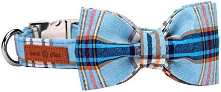 Lionet Paws Boy Dog Collar with Bowtie, Comfortable Adjustable Cute Blue Plaid Bow Tie Collar for Male Puppies and Cats Gift, XS, Neck 8-12 inches