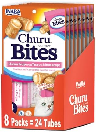Inaba Churu Bites for Cats, Soft Baked Chicken Churu Filled Cat Treats with Vitamin E, 0.35 Ounces Each Tube, 24 Tubes Total (3 per Pack), Tuna with Salmon Recipe