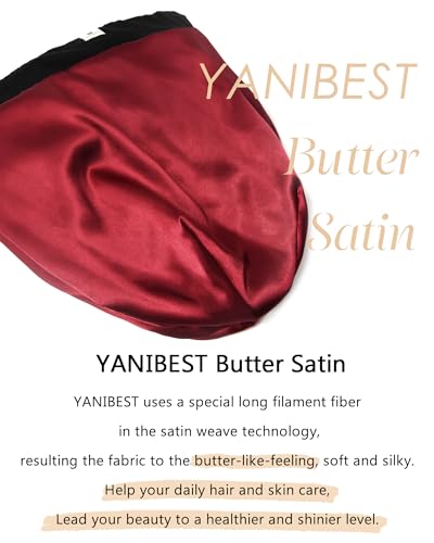YANIBEST Silk Satin Bonnet Hair Wrap for Sleeping - Adjustable Stay on Silk Lined Slouchy Beanie Hat for Curly Hair and Braids Black-Wine