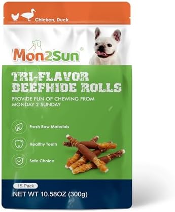 MON2SUN Dog Treats, Triple Flavor 5 Inch Chicken Liver Duck and Chicken Wrapped Rawhide Snacks for Small and Medium Dogs, 10.58 Oz (15 Count-Pack of 1)