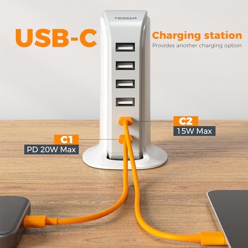 USB Charging Station for Multiple Devices, TESSAN USB C Charger Block for iphone13/14/15, Tablet, Earphone with 6 Ports Charging Tower for Home Office Travel Accessories