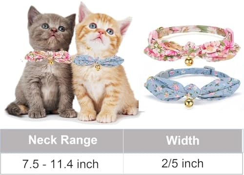 2 Pack Breakaway Cotton Cat Collars with Cute Bunny Ear Bowtie and Bell, Floral Female Male Kitten Collars(Pink & Blue)