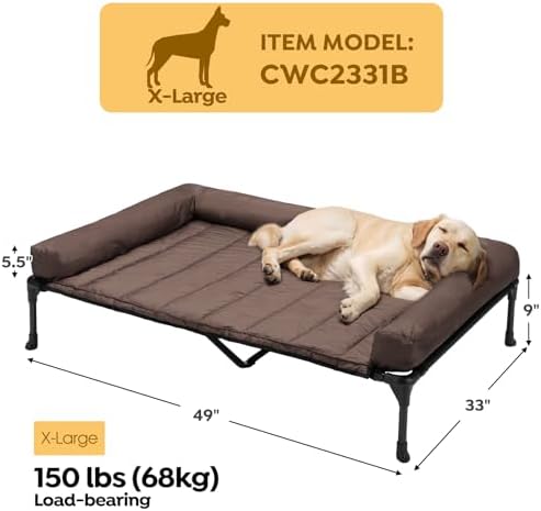 Veehoo Cooling Elevated Dog Bed Add Removable Waterproof Bolster Cushion Mat, Raised Pet Cot with Breathable Teslin Mesh, No-Slip Feet, Dog Sofa Bed for Indoor Outdoor, XLarge, Brown CWC2331B