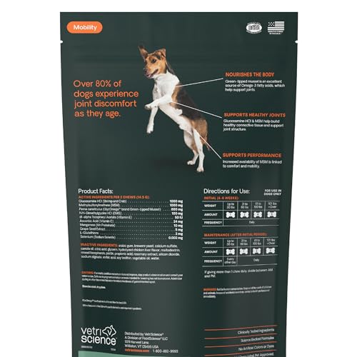 VetriScience Extra Strength Healthy Hip & Joint Chews, GlycoFlex 3, Glucosamine, Green-Lipped Mussel, Joint Support Supplement for Dogs, Promote Mobility & Soothe Joint Discomfort, Chicken, 120 Count