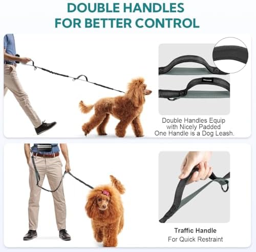 Hands Free Dog Leash with Pouch, Retractable Bungee with Double Padded Handles, Dog Waist Leash for Dog Walking, Dog Leashes with Bungee for Medium & Large Dog, Dog Walking Accessories