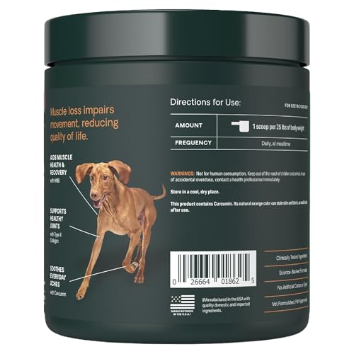VetriScience HMB Healthy Muscle & Strength Supplement for Dogs, Mobility Support & Muscle Builder with Collagen, Calcium, Vitamin D & Curcumin, Powder, Pork, 8.47 oz - New Look