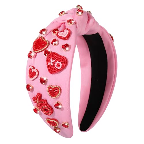 NVENF Hairband, Valentine's Day Headband for Women with Love Heart and Crystal, Red, Pink, Wide Top Knot Headband, Hair Accessories Gifts