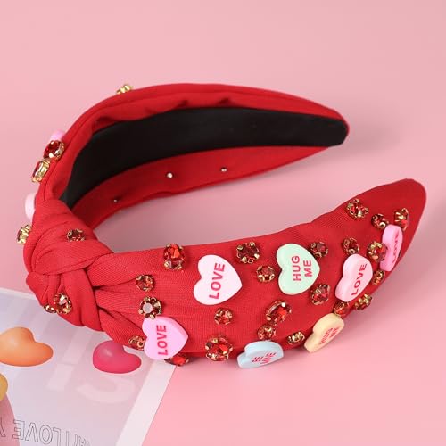 Valentine’s Day Headband for Women Candy Love Conversation Heart Headband Jeweled Beaded Heart Knotted Headband Sparkly Red Pink Rhinestone Hairband Valentines Accessories Gifts