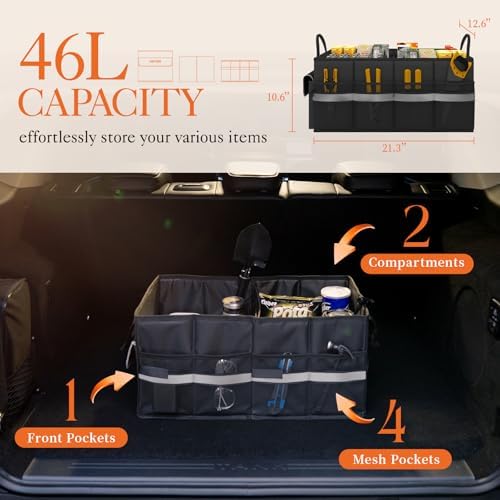 HOTOR Foldable Trunk Organizer - SUV, Sedan & Van Compatible, Sturdy Base Panel for Car Accessories, Black, 2 Compartments, 21.3"12.6"10.6"