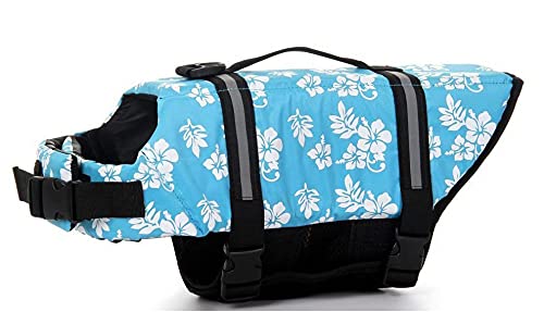 Izefia Dog Life Jacket Swimming Safety Coat Floatation Life Vest Life Saver with Handle for Small Dog Puppy Large Dog (Blue Flower, M)