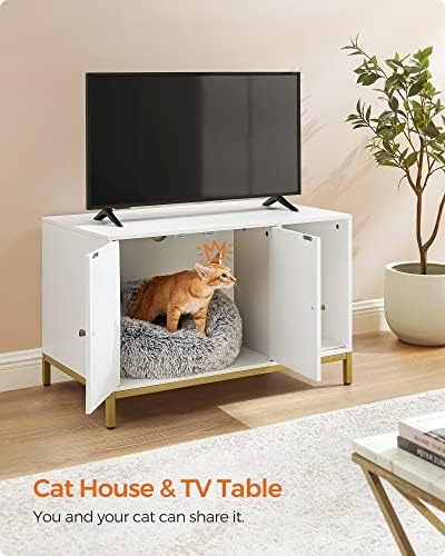 Feandrea Litter Box Enclosure, Modern Cat Litter Box Furniture Hidden, with Scratching Mat, Tall Legs, Cat House, Side End Table, 31.5 x 19.7 x 21.7 Inches, White and Gold UPCL007W01