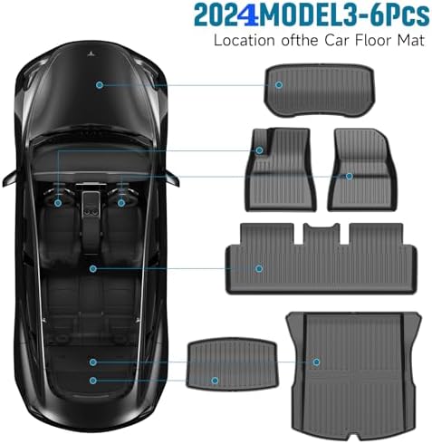 2025 New Version Tesla Model 3 Highland Extra-Thick Floor Mats Custom Fit All Weather TPE Cargo Liner Cargo Trunk Accessories,Compatible 2021-2025 (Tesla Model 3 Floor mats Set of 6)