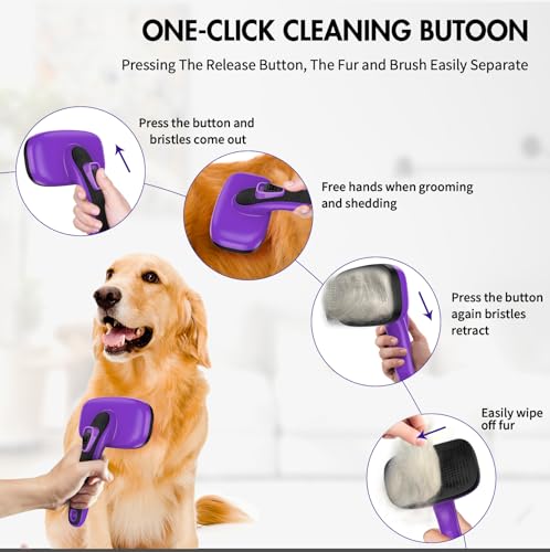 3 PCS Dog Grooming Brush Kit – Self Cleaning Slicker Brush for Shedding Short & Long Haired Dogs & Cats. Removes Loose Fur, Undercoat, Mats, Tangles for Small, Medium & Large Pets. Purple