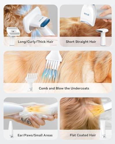 oneisall Dog Vacuum & Dryer for Shedding Grooming, 8 in 1 Dog Grooming Kit with Metal Blades Pet Clippers, Adjustable Speed and Temperature Control Dog Blower