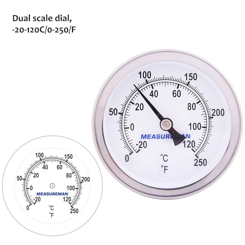 MEASUREMAN Hot Water Bi-Metal Thermometer, 2-1/2" Dial, 1-3/4" Lead-Free Brass Stem, Range 0-250 deg F/-20-120 deg C, 2% Accuracy, Adjustable, 1/2" NPT Back Mount(2 Pack)