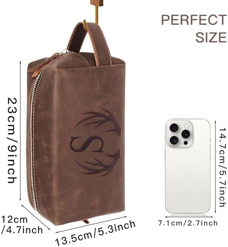 Mens Toiletry Bag Personalized Valentines Day Birthday Gifts for Men Him Initial PU Leather Waterproof Shaving Bag for Toiletries Accessories Travel Essential for Dad Husband Boyfriend (M)