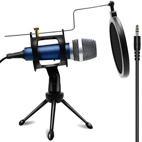 Blue Condenser Recording Microphone 3.5mm Plug and Play PC Microphone, Broadcast Microphone for Computer Desktop Laptop MAC Windows Online Chatting Podcast Skype YouTube Game(Blue