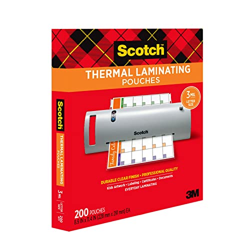 Scotch Thermal Laminating Pouches,200 Pack Laminating Sheets,3 Mil,8.9 x 11.4 Inches, Education Supplies & Craft Supplies, For Use With Thermal Laminators, Letter Size Sheets