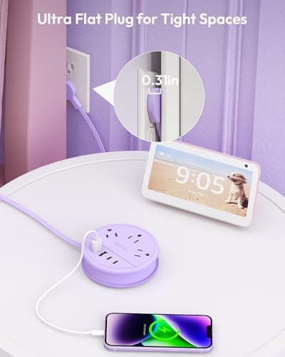 NTONPOWER Purple Extension Cord with 3 AC Outlet 4 USB(2 USB C), Purple Power Strip 4FT Flat Extension Cord, Compact for Purple Desk Accessories,Home