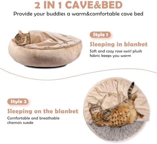 JOEJOY Small Dog Bed Cat Bed with Hooded Blanket, Cozy Cuddler Luxury Puppy Pet Bed, Donut Round Calming Anti-Anxiety Dog Burrow Cave Bed - Anti-Slip Bottom and Machine Washable 23 inch