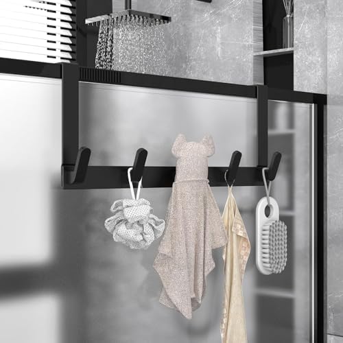 Over The Door Hooks Hanger with Extended Arms, Fits 1 3/4" Doors - Bathroom Accessories and Towel Rack Organizer Holder for Coat Robe Hat - 1 Pack, Matte Black