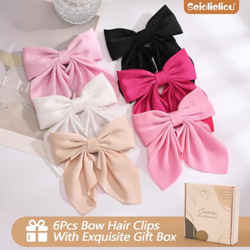 6Pcs Hair Bows for Women, Bow Hair Clips, Silky Satin Hair Bows for Girls, Pink Hair Ribbon, Cute Bow Clips for Women, Hair Accessories Valentine's Day Gifts