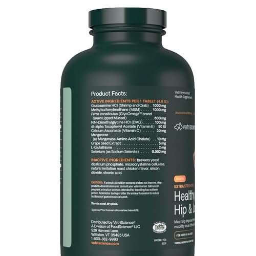 VetriScience Extra Strength Healthy Hip & Joint Chewable Tablets, GlycoFlex Glucosamine and Green-Lipped Mussel Joint Support Supplement for Dogs, Soothe Joint Discomfort, Chicken, 120 Count